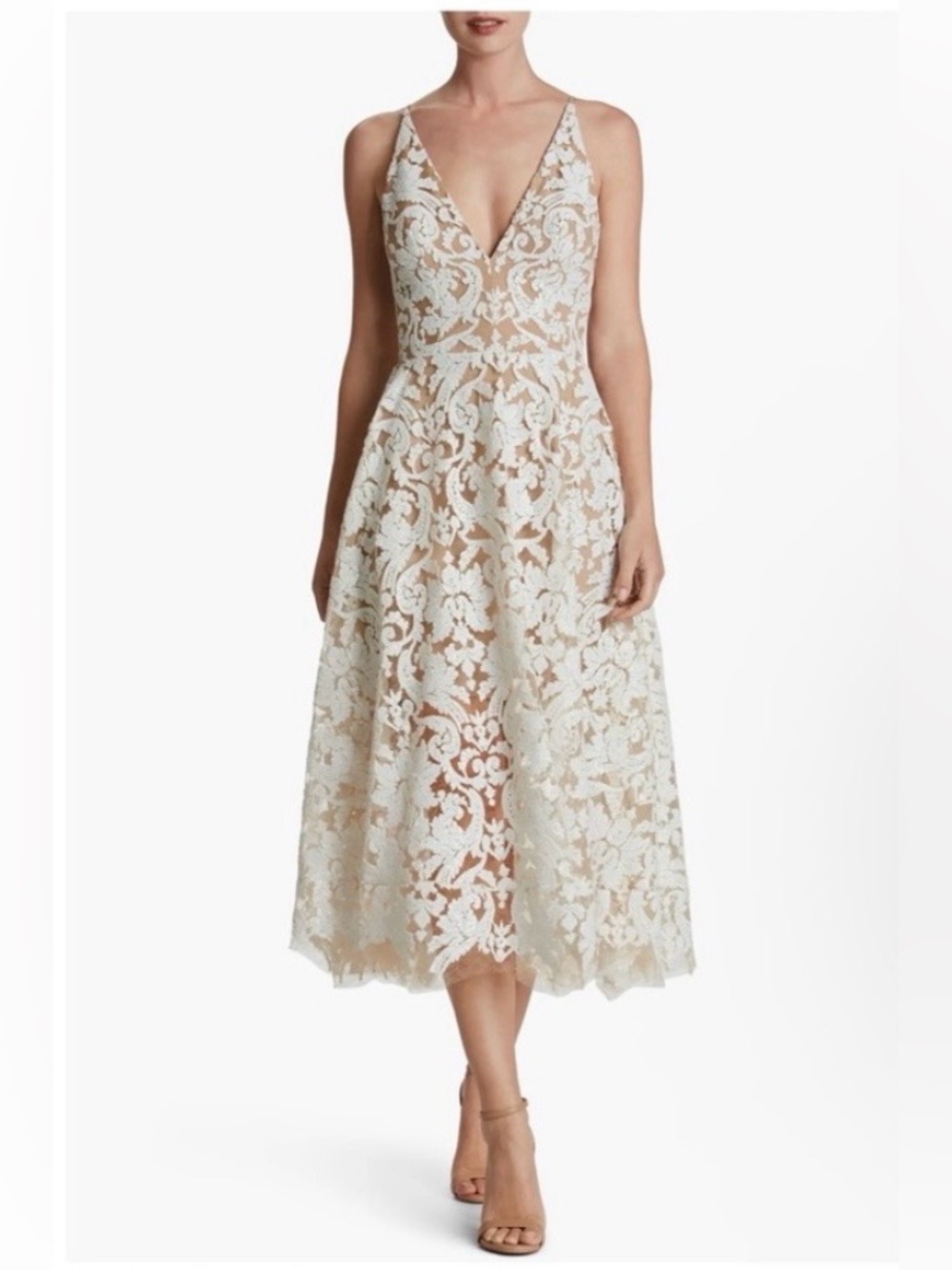Dress the Population White & Nude Lace Embellished Midi V-Neck Dress Size XL